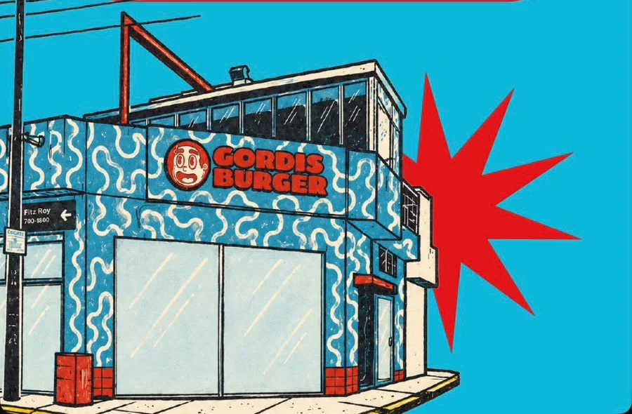 Ilustración del local de Gordis Burger en la esquina