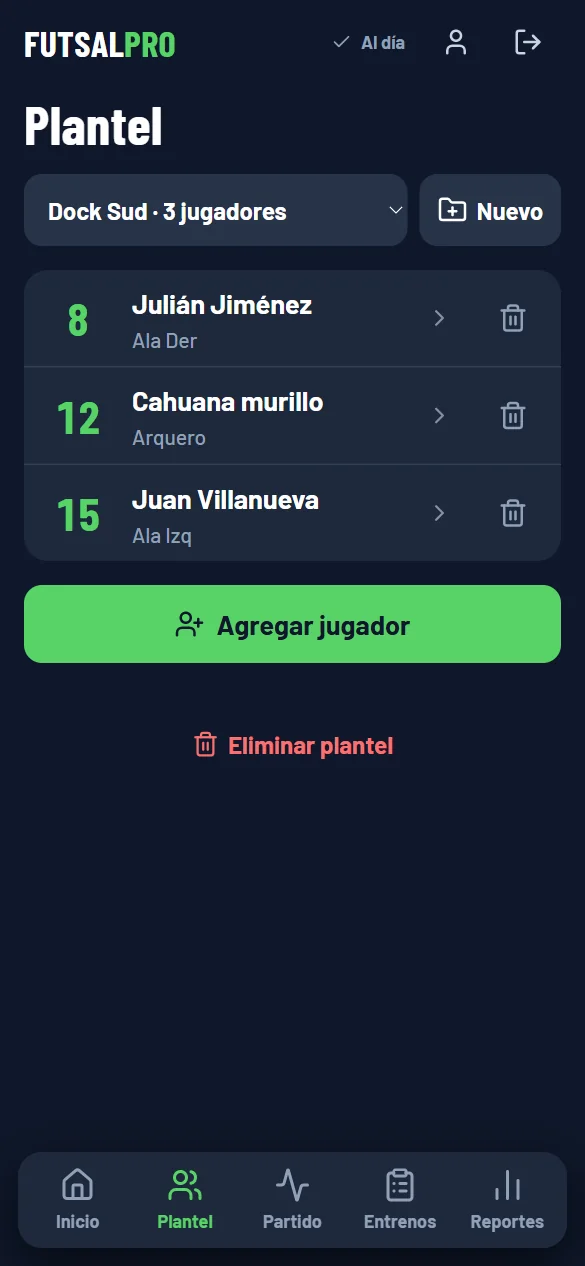 Plantel: lista de jugadores con número y posición, y botón para agregar jugador