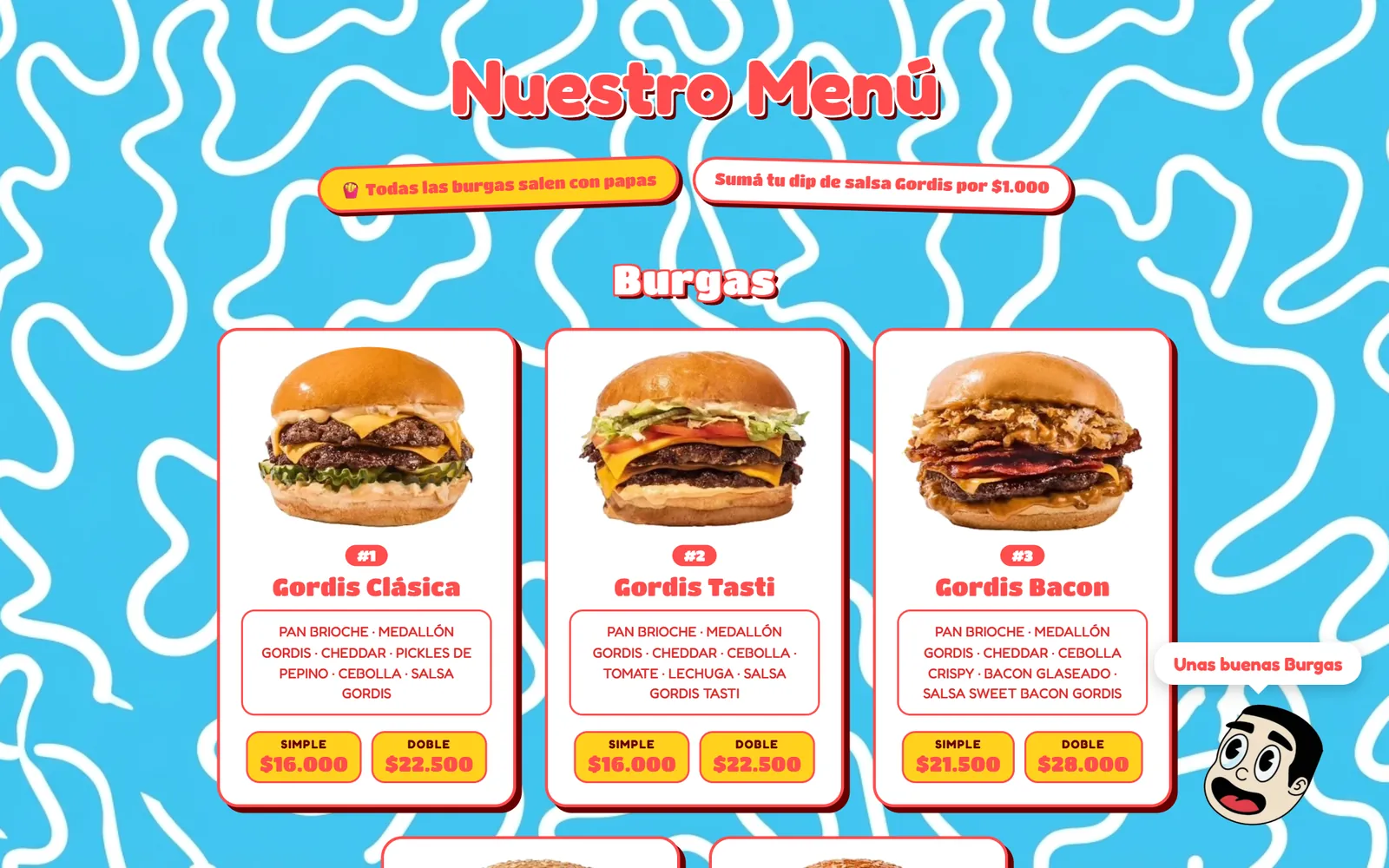Gordis Burger en escritorio: la carta con las hamburguesas Clásica, Tasti y Bacon y sus precios
